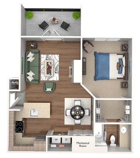 Floor plan for 1 bed, 1 bath, 661 sqft